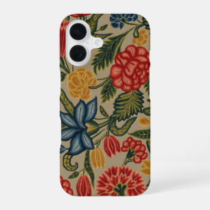 Funda Para iPhone 16 Patrón Floral de Crewel Rojo y Dorado Vintage