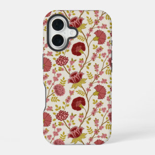 Funda Para iPhone 16 Patrón Floral Jacobino Rojos Rosados Dorado Crema