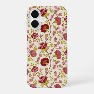 Funda Para iPhone 16 Patrón Floral Jacobino Rojos Rosados Dorado Crema