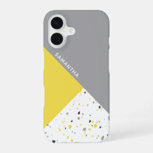 Funda Para iPhone 16 Patrón geométrico de terrazo amarillo gris con nom