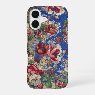 Funda Para iPhone 16 Patrón Ornamental de Rosa Victoriana Azul Real