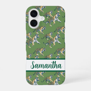 Funda Para iPhone 16 Patrón verde de tigre nombre personalizado