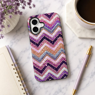 Funda Para iPhone 16 Patrón zigzag de purpurina rosa y morado