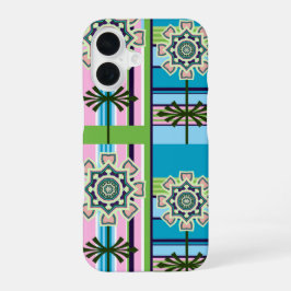 Funda Para iPhone 16 Patrones geométricos retro y flores de fantasía