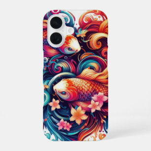 Funda Para iPhone 16 Peces koi y olas abstractos vibrantes orientales