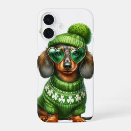 FUNDA PARA iPhone 16 PERRO CUTO DE DACHSHUND VESTIDO CON ROPA IRLANDESA