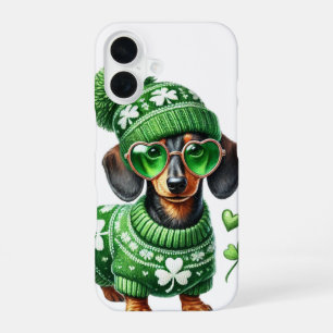 FUNDA PARA iPhone 16 PERRO CUTO DE DACHSHUND VESTIDO CON ROPA IRLANDESA