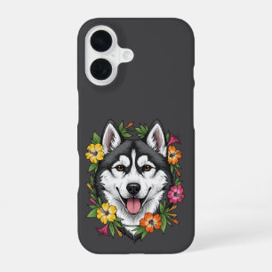 Funda Para iPhone 16 Perro de Trineo Husky y Flores Coloridas de Mirabl
