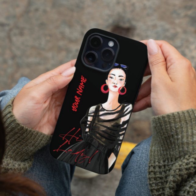 Funda Para iPhone 16 Personalizado Ciudad moderna Chica Gráfico rojo ne (The modern phone case with a fashionable lady in black, confident and high fashion, on zebra shirt.)
