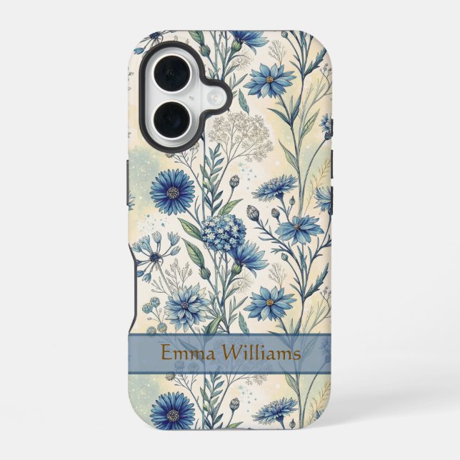 Funda Para iPhone 16 Personalized Name Blue Wildflowers (Reverso )