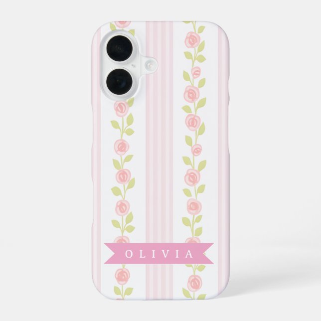 Funda Para iPhone 16 Personalized pink feminine coquette floral striped (Reverso )