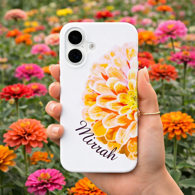Funda Para iPhone 16 Personalized Zinnia Flower with Custom Name Floral (Custom Name Floral iPhone Case)