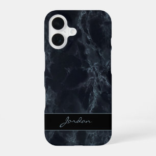 Funda Para iPhone 16 Piedra de mármol pulida azul medianoche con nombre