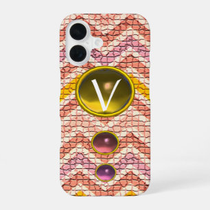 Funda Para iPhone 16 Piedras preciosas rosadas amarillas y monograma de