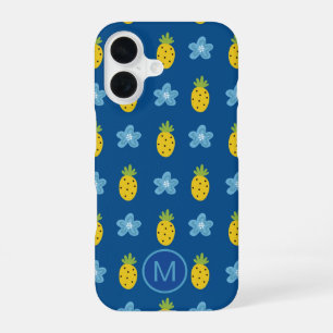 Funda Para iPhone 16 Piñas y Monograma de Flores Azules