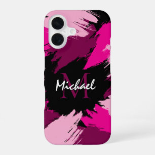 Funda Para iPhone 16 Pinceladas tonos de rosa caliente nombre con monog