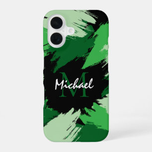 Funda Para iPhone 16 Pinceles de color verde con monograma