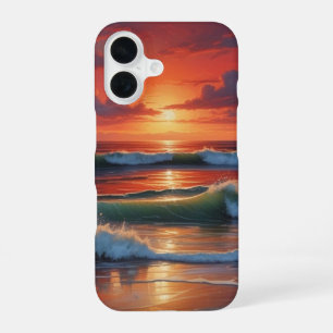 Funda Para iPhone 16 Pintura de paisaje marino de puesta de sol roja