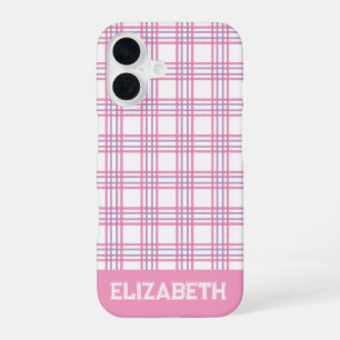 Funda Para iPhone 16 Plaid Varsity Moderno Elegante Fuente Rosa Purpura