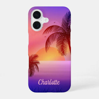 Funda Para iPhone 16 Playa púrpura tropical al atardecer