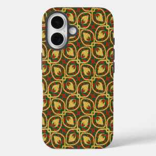 Funda Para iPhone 16 Plumas de pavo real de papel de oro Rojo Verde