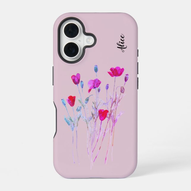 Funda Para iPhone 16 Pradera de verano de amapolas rojas, flores silves (Reverso )