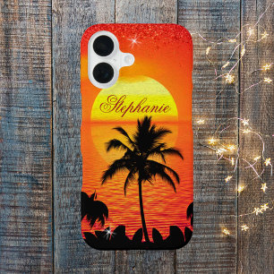 Funda Para iPhone 16 Puesta de sol en el océano con árbol de palma pers