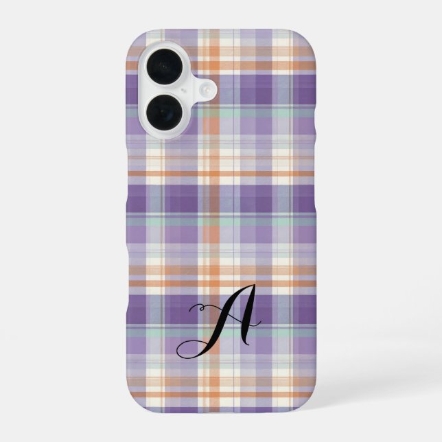 Funda Para iPhone 16 Purple Tartan Plaid Monogram Design (Reverso )