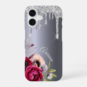 Funda Para iPhone 16 Purpurina de plata goteo flores de borgoña metálic