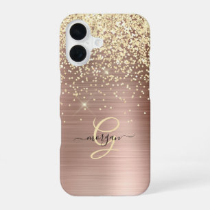 Funda Para iPhone 16 Purpurina dorada, monograma dorado, nombre en letr