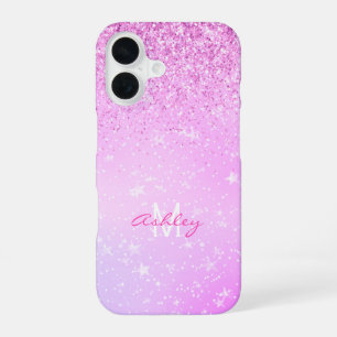 Funda Para iPhone 16 Purpurina Morada, Nombre y Monograma en Letra Scri