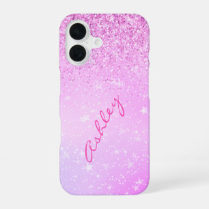 Funda Para iPhone 16 Purpurina Morada y Estrellas Blancas, Nombre en Cu
