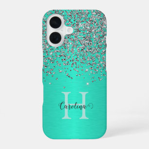 Funda Para iPhone 16 Purpurina plateada, acero teal cepillado, personal