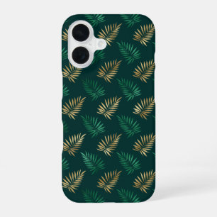 Funda Para iPhone 16 Purpurina verde y dorado en hojas tropicales