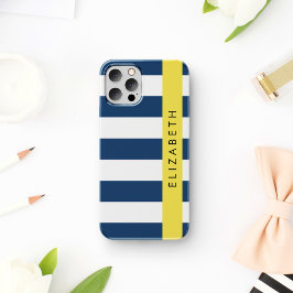 Funda Para iPhone 16 Rayas Azules Marinos, Patrón de Rayas, Tu Nombre