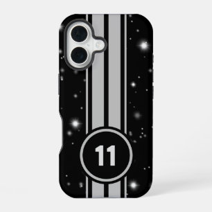 Funda Para iPhone 16 Rayas de carreras negras y plateadas Starlight