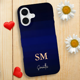Funda Para iPhone 16 Rayas de color de gradiente azul oscuro con monogr