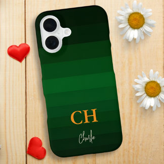 Funda Para iPhone 16 Rayas de color de gradiente verde oscuro con monog