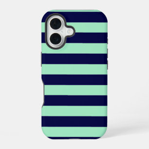 Funda Para iPhone 16 Rayas Náuticas Azul Marino y Verde Menta