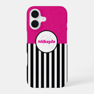 Funda Para iPhone 16 Rayas Negras y Blancas con Textura de Purpurina Ro