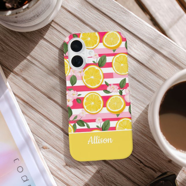 Funda Para iPhone 16 Rayas rosadas personalizadas Patrón de limón de ve (Subido por el creador)