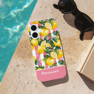 Funda Para iPhone 16 Rayas rosadas personalizadas Patrón de limón de ve