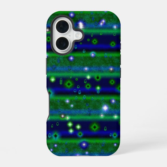 Funda Para iPhone 16 Rayas verdes azules con estrellas y gotas de lluvi (Reverso )