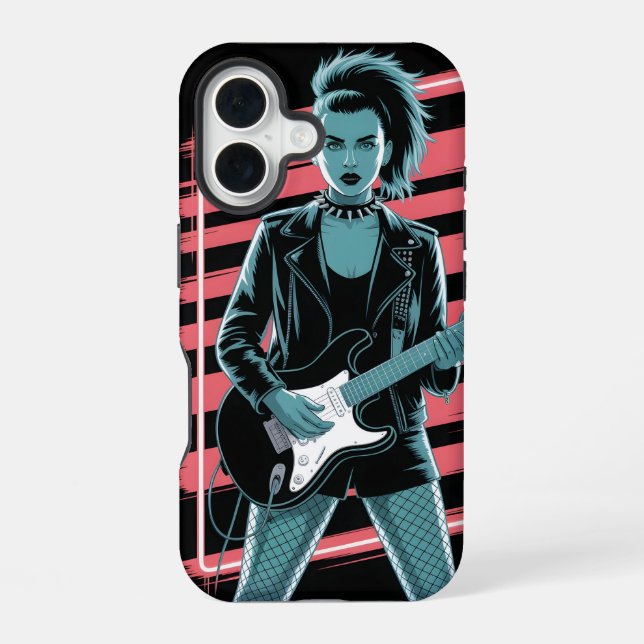 Funda Para iPhone 16 Rebellious Rock Star: Female Guitarist in Leather  (Reverso )