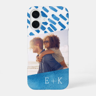 Funda Para iPhone 16 Resumen de la acuarela azul de Boho Foto Monogra
