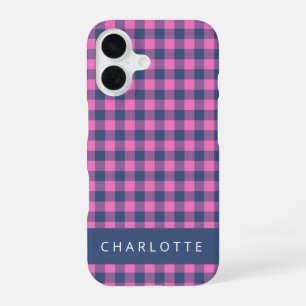 Funda Para iPhone 16 Retro Buffalo Cuadros Escoceses Rosa Azul Nombre P