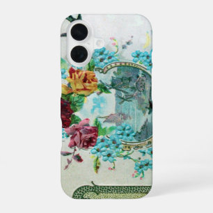 Funda Para iPhone 16 ROMÁNTICA / ROSAS ;FLORAZULES CON PÁJARO ,blanco