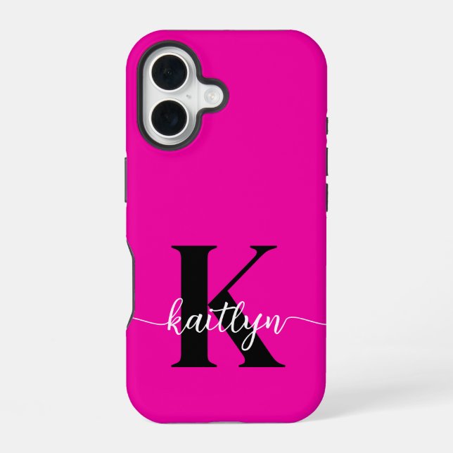 Funda Para iPhone 16 Rosa Caliente Monograma Negro (Reverso )