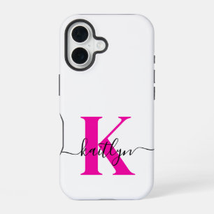 Funda Para iPhone 16 Rosa Caliente Negro Inicial Nombre Monogramado