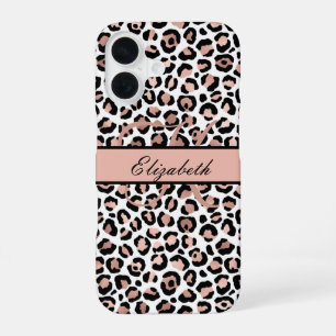 Funda Para iPhone 16 Rosa de Oro y Estampado de Leopardo Negro con Nomb